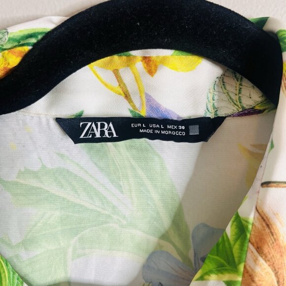 Zara Size Large Satin Floral Ruffle Balloon Sleeve Mini Shirt Dress - Picture 5 of 8